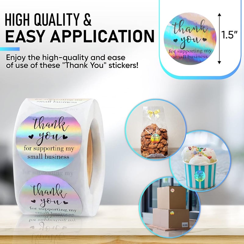 IBAKE 500 PCS Holographic Thank You for Supporting My Small Business Stickers – 1.5 Inch Round Self-Adhesive Waterproof Labels – Eye-Catching Packaging Seals for Orders, Gift Bags, Boxes & Envelopes - Image 4